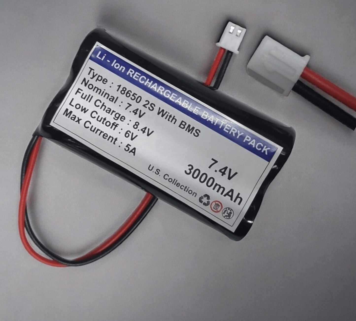 PATOYS | Li - Ion 7.4V Type: 18650 with 2S BMS Full Charge: 8.4V Low Cutoff: 6V Max Current: 5A 7.4V 3000mAh - PATOYS